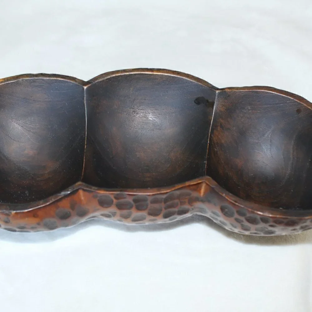 Vintage peanut shape fine wooden bowl carved animal print texture divided dish